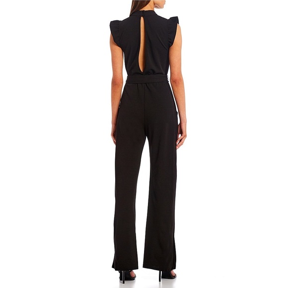 Moa Moa brand Black High Neck Flutter Sleeve Tie Waist Jumpsuit Size Large NWT - Picture 2 of 8